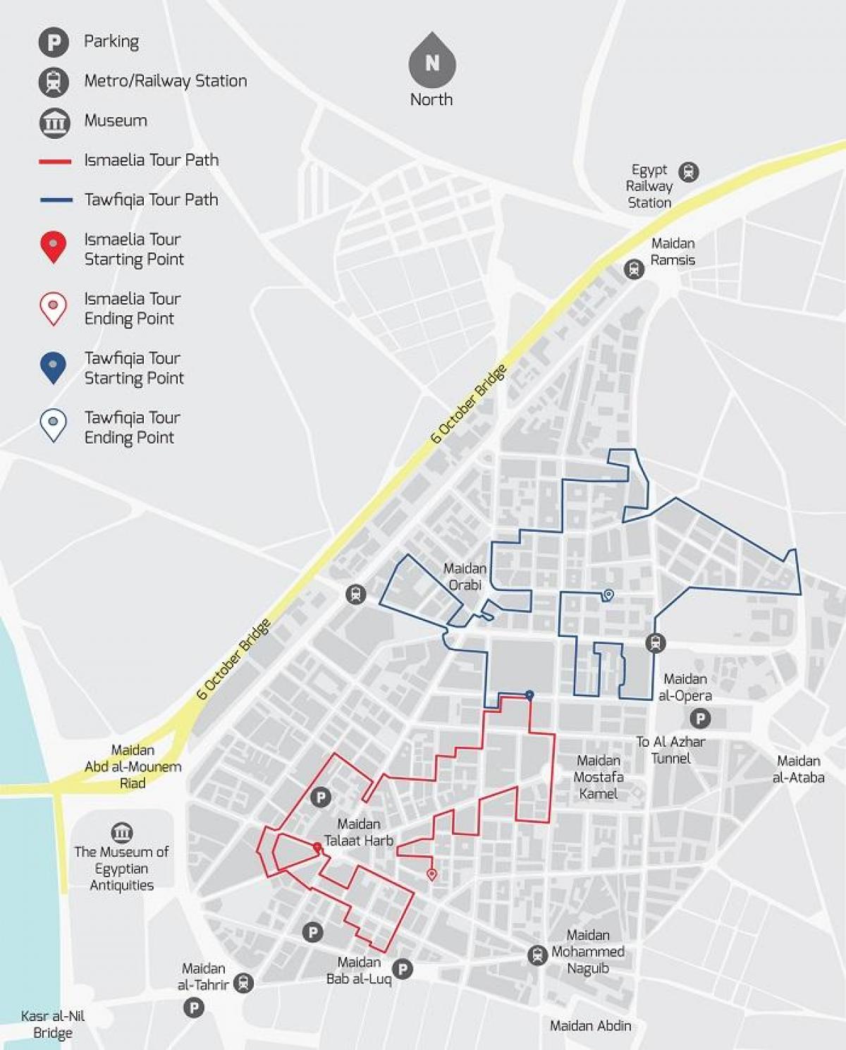 Mapa de los recorridos en autobús Hop On Hop Off de El Cairo